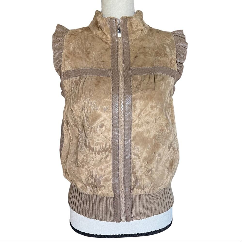 Diffa Italy Faux Fur Leather Ruffle Trim Shoulder Zip Front Vest Women's Size M